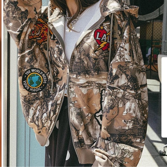 Dressed in lalaCamouflage Patch Zip-Up Hooded Jacket - Brown S/M - Picture 4 of 4